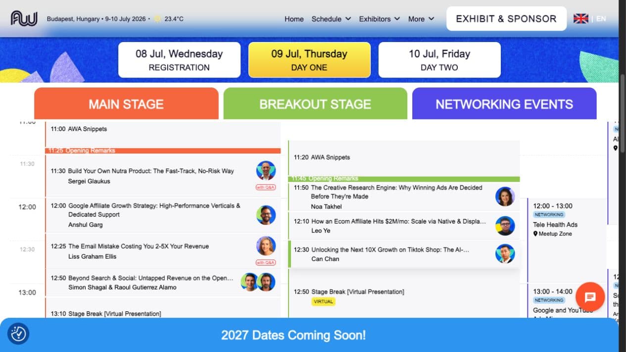 Affiliate World Europe Day 1 schedule webpage showing stage and networking event sessions
