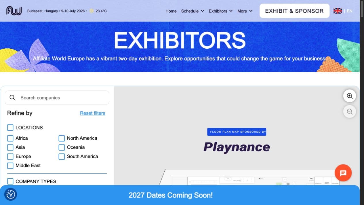 Affiliate World Europe exhibitors webpage with company search, filters, and floor plan