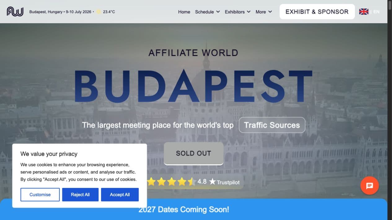Affiliate World Europe homepage with site navigation, event heading, and call to action