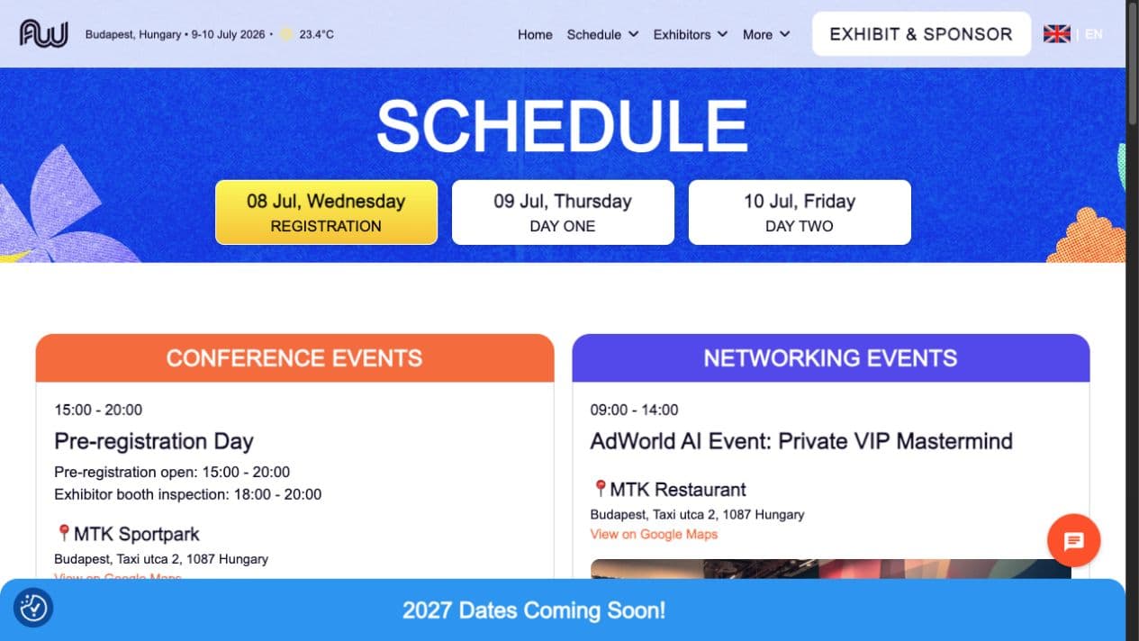 Affiliate World Europe schedule webpage with day tabs and event cards