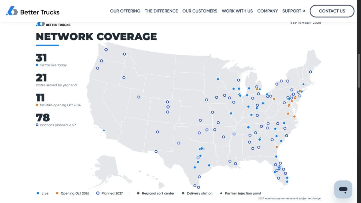 Better Trucks coverage webpage showing its United States delivery network map