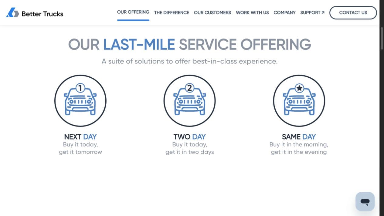 Better Trucks service offering webpage with next-day, two-day, and same-day delivery options