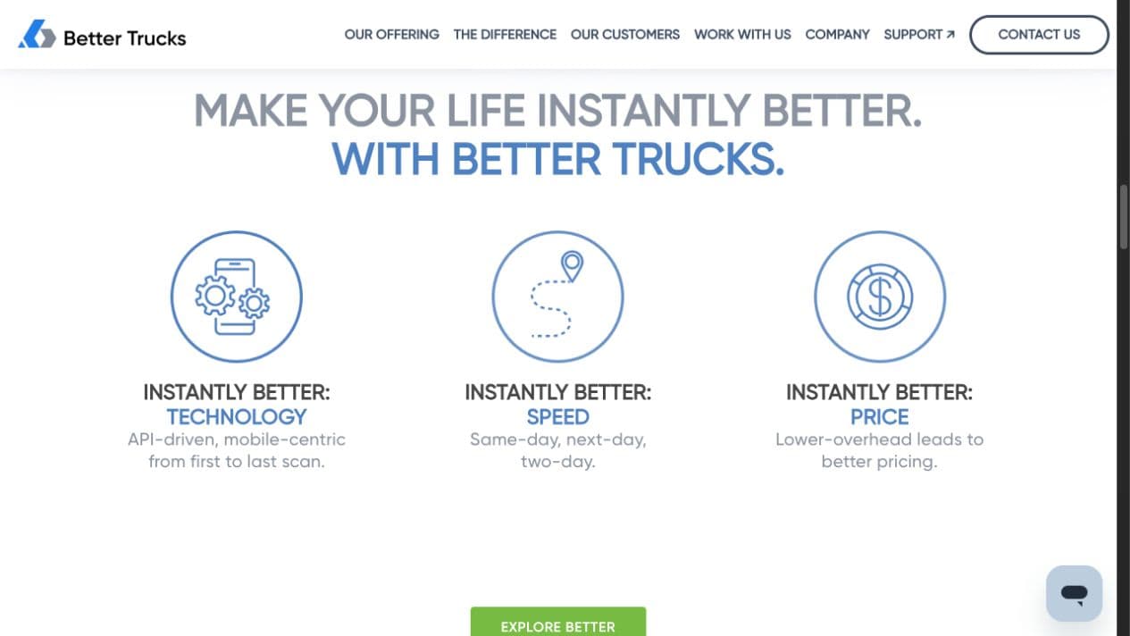Better Trucks homepage section presenting technology, speed, and pricing features