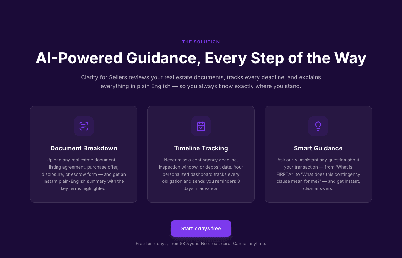 Clarity for Sellers public feature overview for document breakdown, timeline tracking, and AI guidance