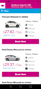 Drivalia mobile app car rental search results with vehicle prices and booking actions