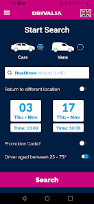 Drivalia mobile app search screen with vehicle type, pickup location, and dates