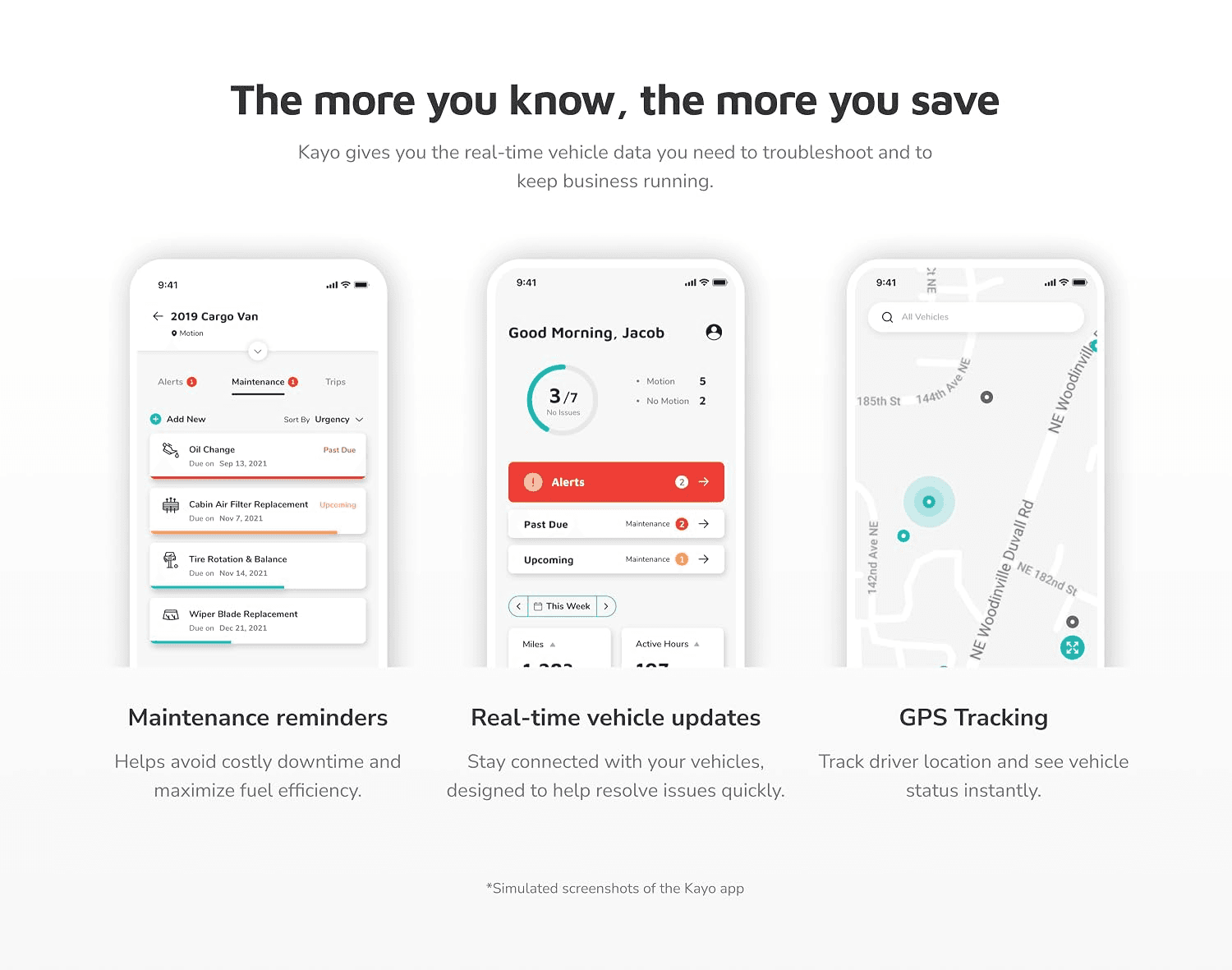 Kayo website section showing simulated mobile app screens for maintenance, vehicle updates, and GPS tracking