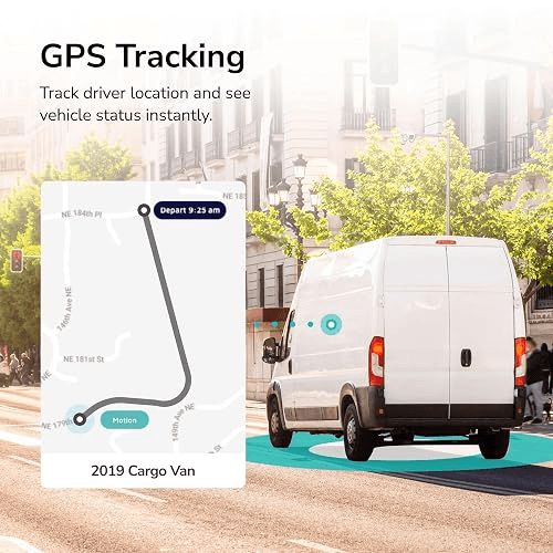 Kayo GPS tracking webpage artwork showing a delivery van and route interface