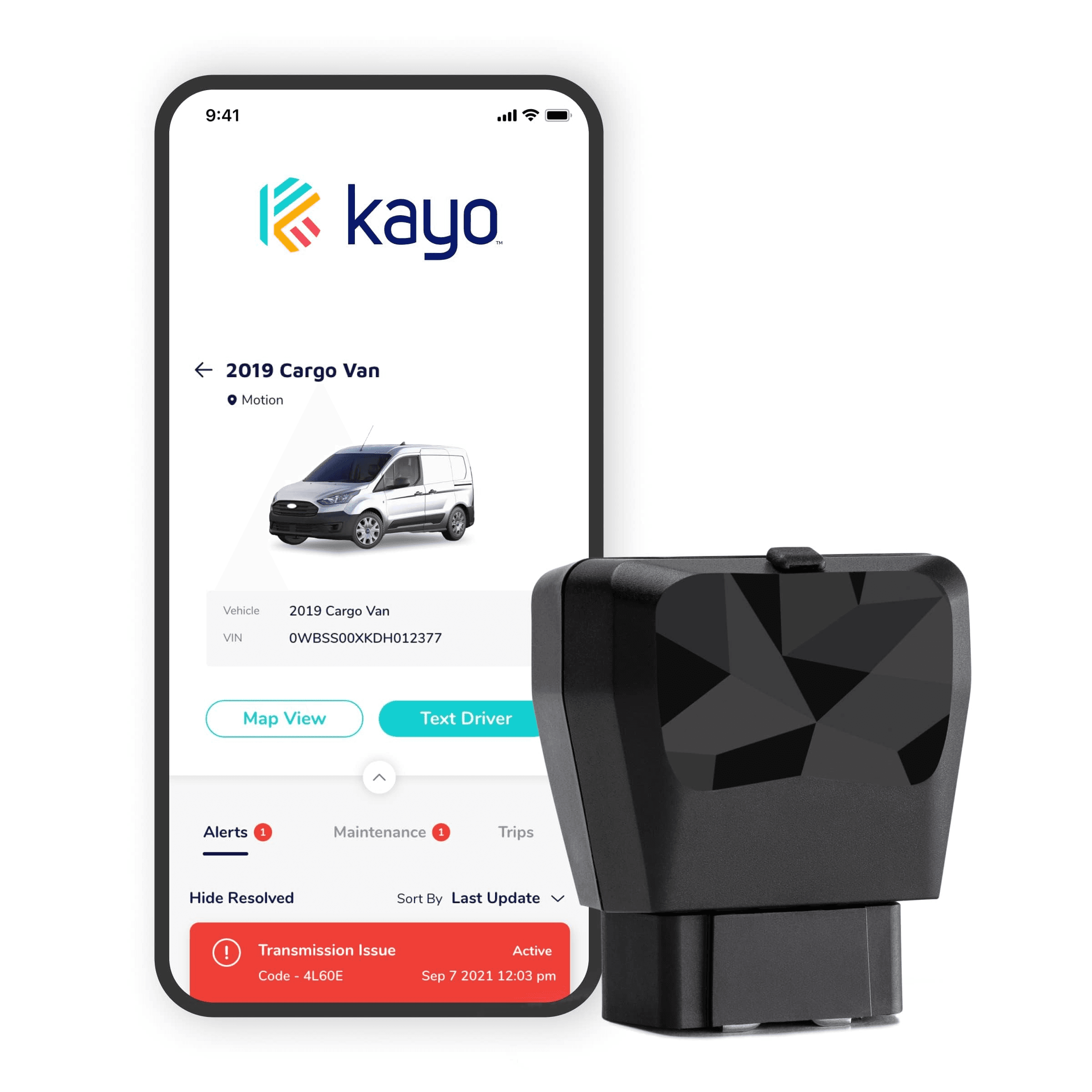 Kayo vehicle detail app preview with alerts and a connected tracking device