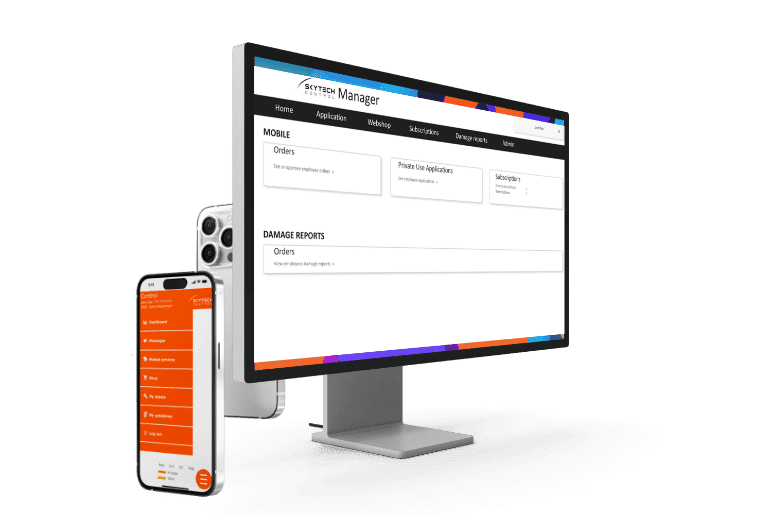 Skytech Manager desktop dashboard shown alongside the Control mobile application