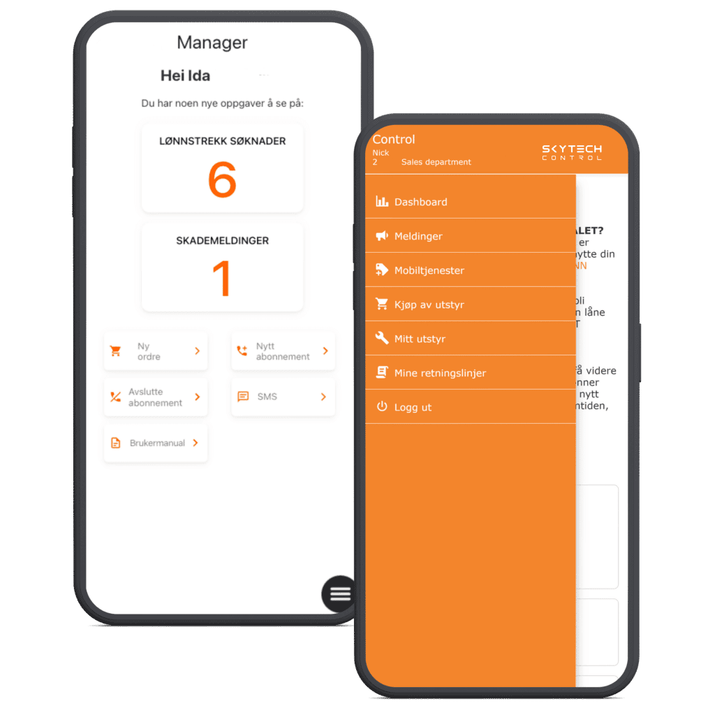 Skytech Manager task dashboard and Control mobile navigation screens