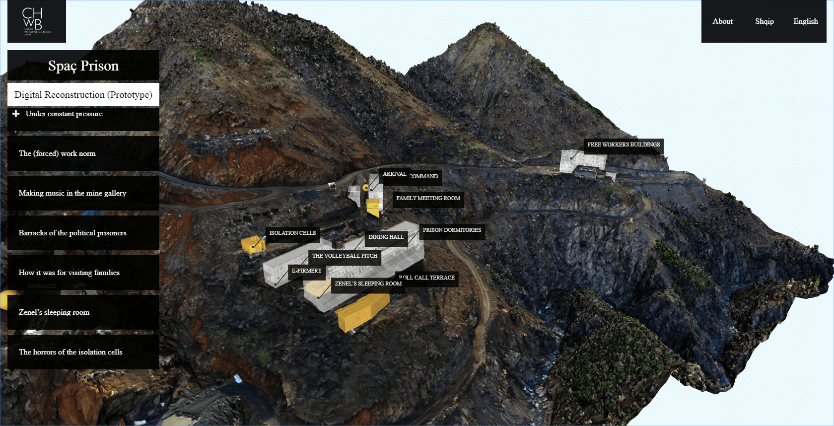 Spaç Prison interactive digital reconstruction with a 3D terrain view, story menu, and location labels